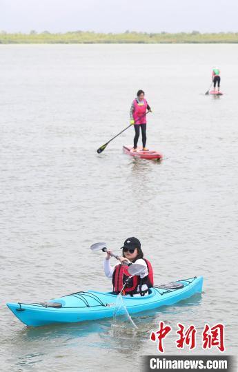 皮划艇爱好者在沙湖景区内玩耍。　于静 摄